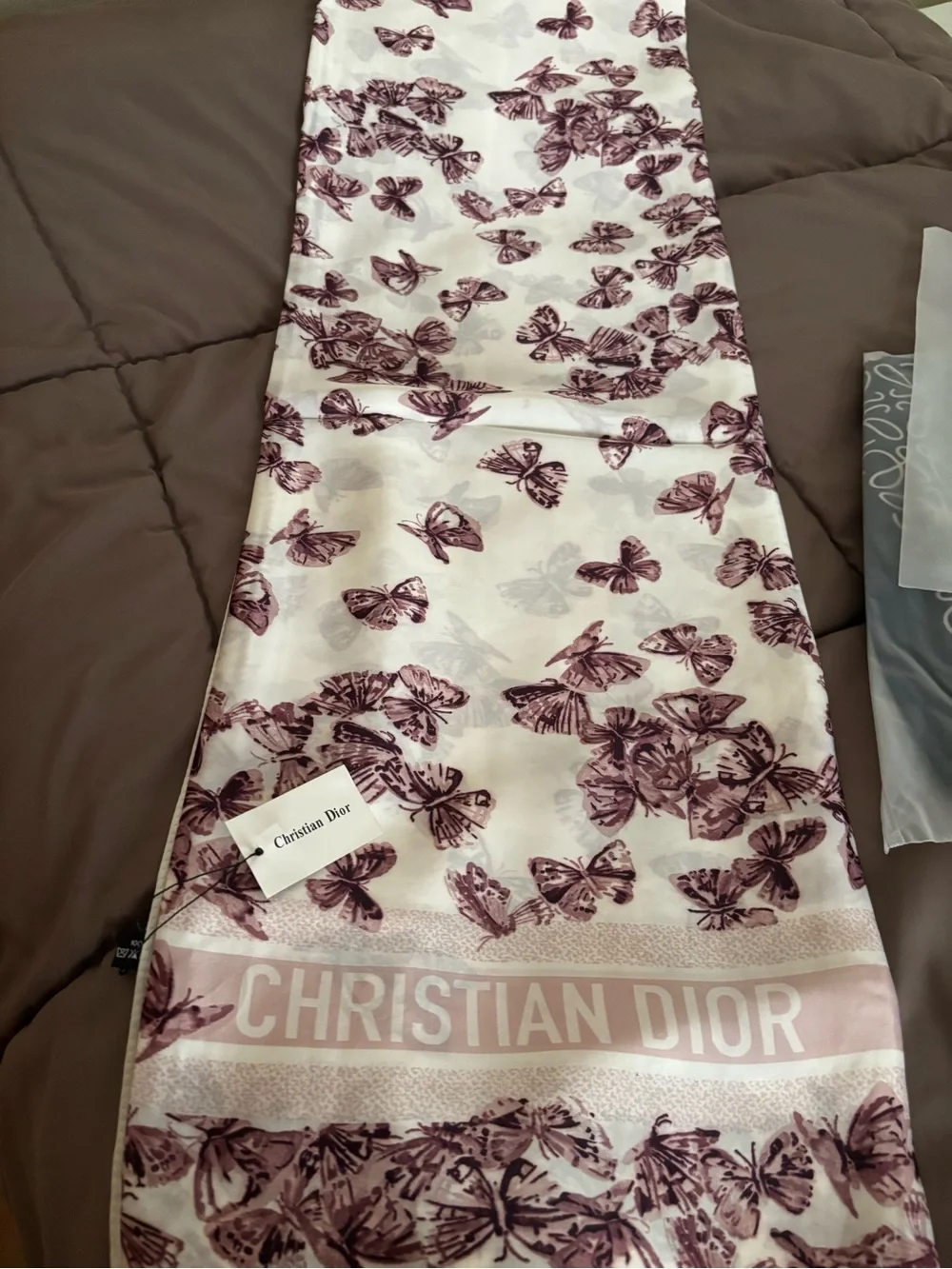 100% Silk Cream Wrap Scarf with Mauve Butterfly Print - Picture 3 of 9
